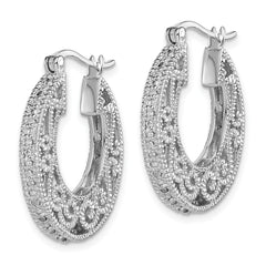 Sterling Silver Rhodium with Diam. Hinged Hoop Earrings