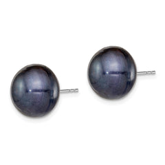 Sterling Silver Rh-plated 12-13mm Black FWC Button Pearl Earrings