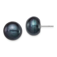 Sterling Silver Rh-plated 12-13mm Black FWC Button Pearl Earrings