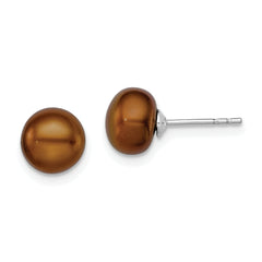 Sterling Silver Rh-plated 7-8mm Brown FW Cultured Button Pearl Stud Earring