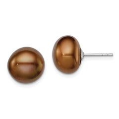 Sterling Silver Rh-plated 11-12mm Brown FWC Button Pearl Earrings