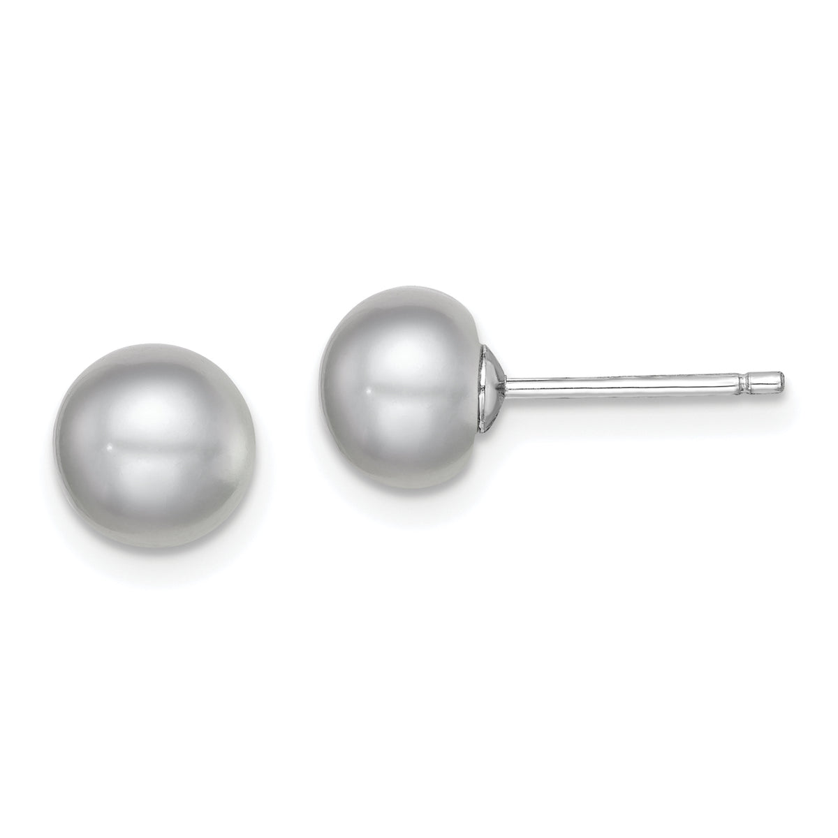 Sterling Silver Rh-plated 7-8mm Grey FW Cultured Button Pearl Stud Earrings