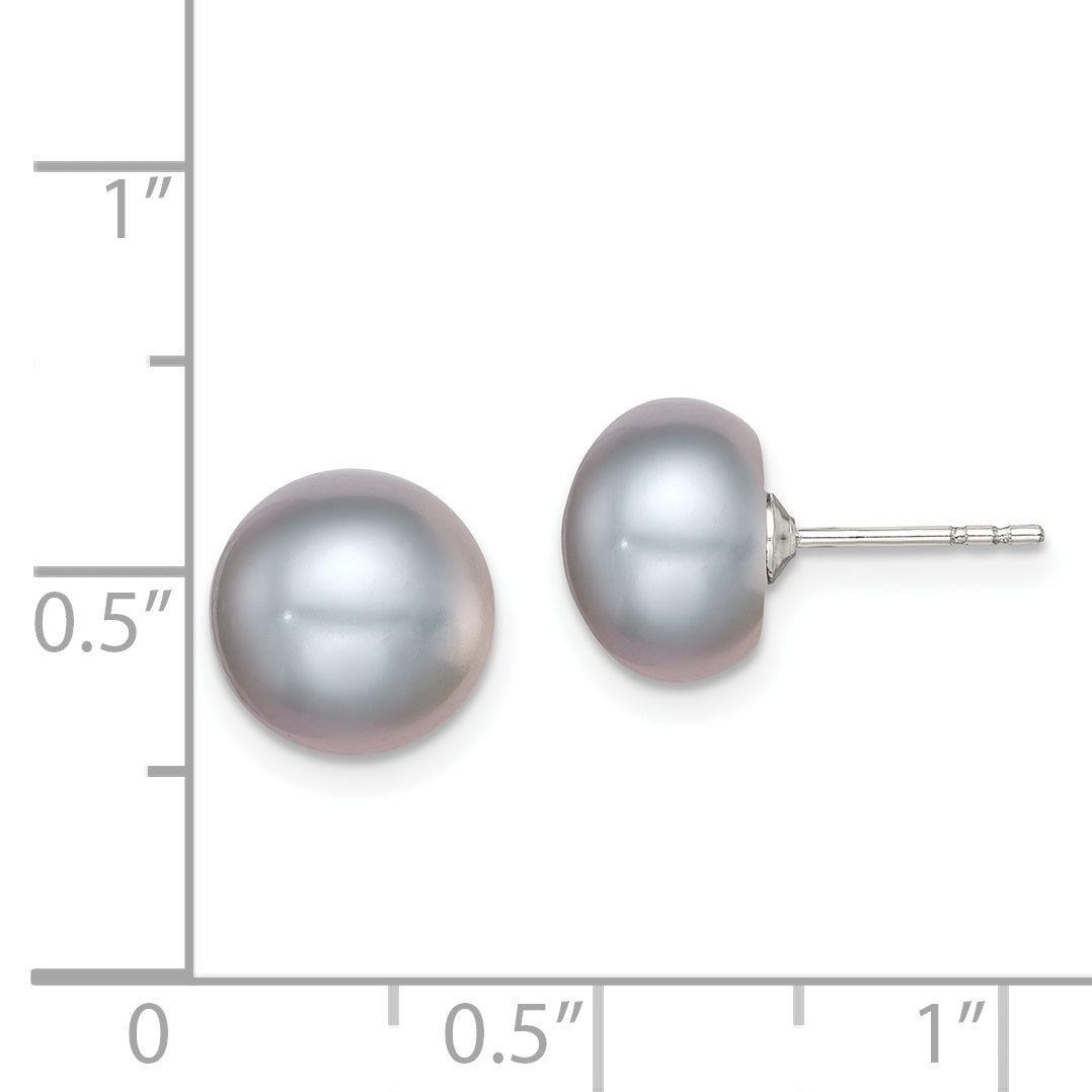 Sterling Silver Rh-plated 9-10mm Grey FW Cultured Button Pearl Stud Earring