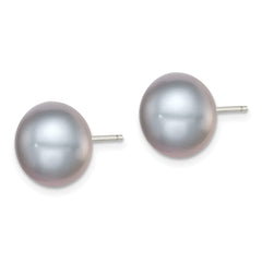 Sterling Silver Rh-plated 11-12mm Grey FWC Button Pearl Earrings