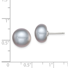 Sterling Silver Rh-plated 11-12mm Grey FWC Button Pearl Earrings