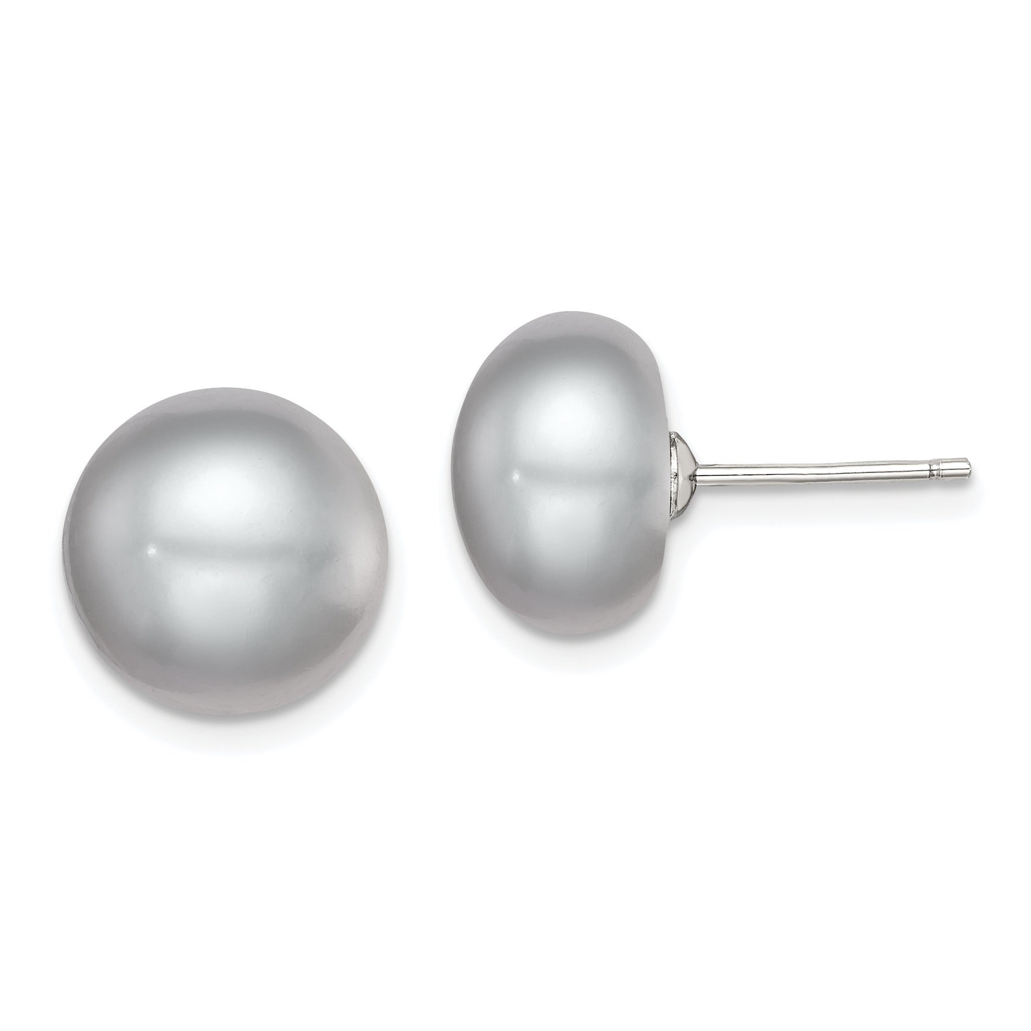 Sterling Silver Rh-plated 11-12mm Grey FWC Button Pearl Earrings