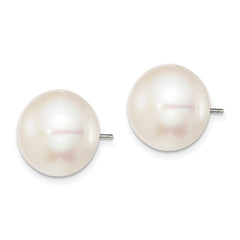 Sterling Silver Rh-plated 12-13mm White FWC Button Pearl Earrings