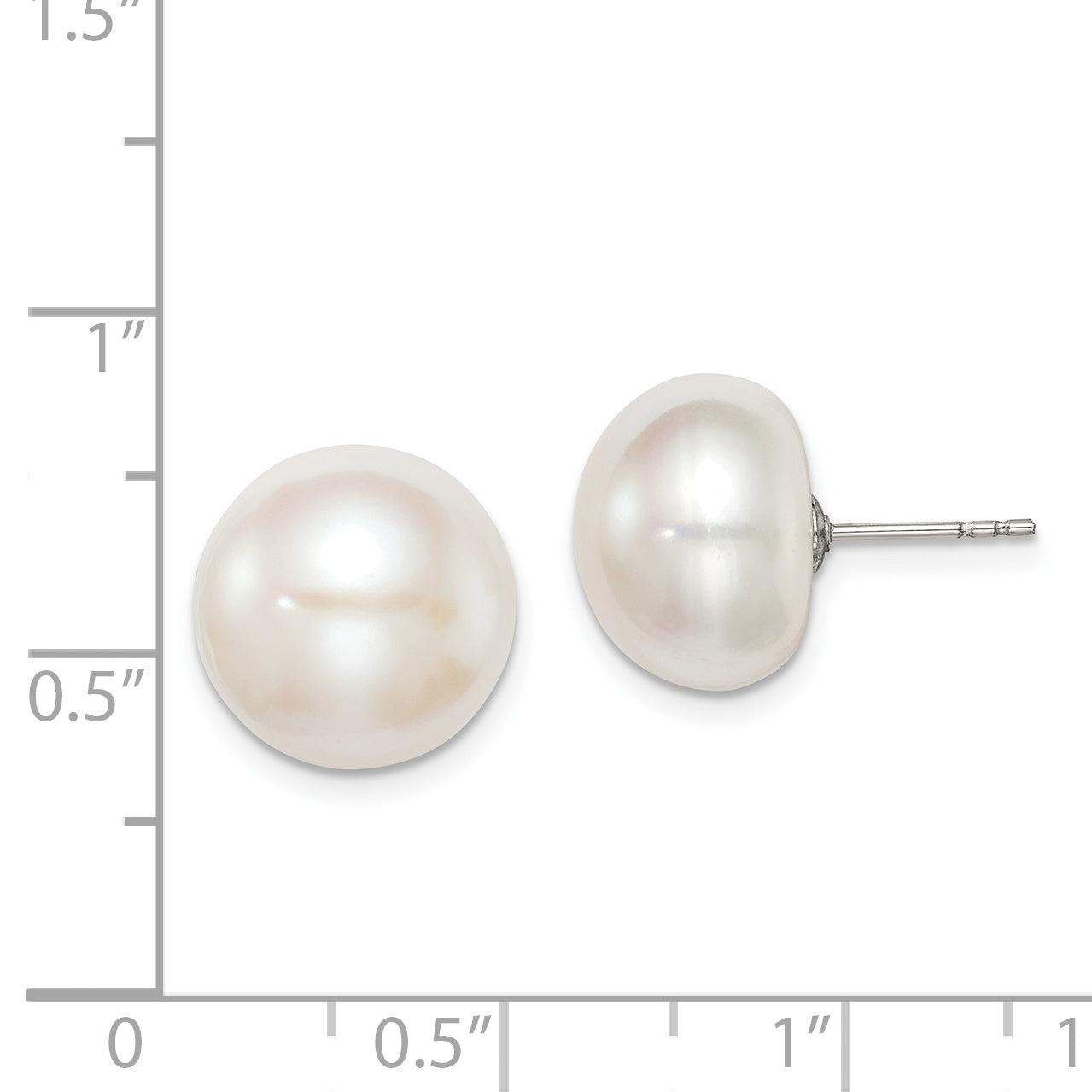 Sterling Silver Rh-plated 12-13mm White FWC Button Pearl Earrings