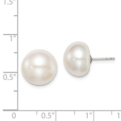 Sterling Silver Rh-plated 12-13mm White FWC Button Pearl Earrings