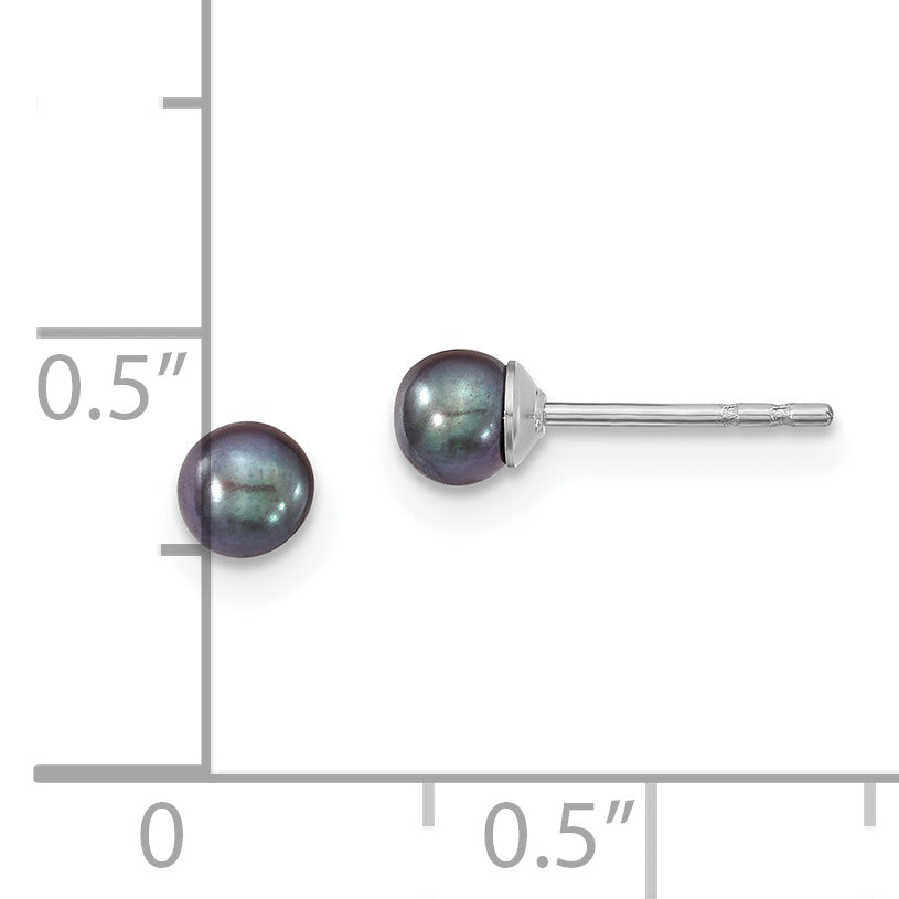 Sterling Silver 3-4mm RH Black FW Cultured Round Pearl Stud Earrings