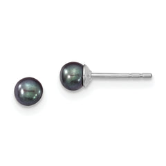 Sterling Silver 3-4mm RH Black FW Cultured Round Pearl Stud Earrings