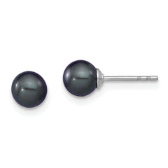 Sterling Silver Rh-plated 5-6mm Black FW Cultured Round Pearl Stud Earrings