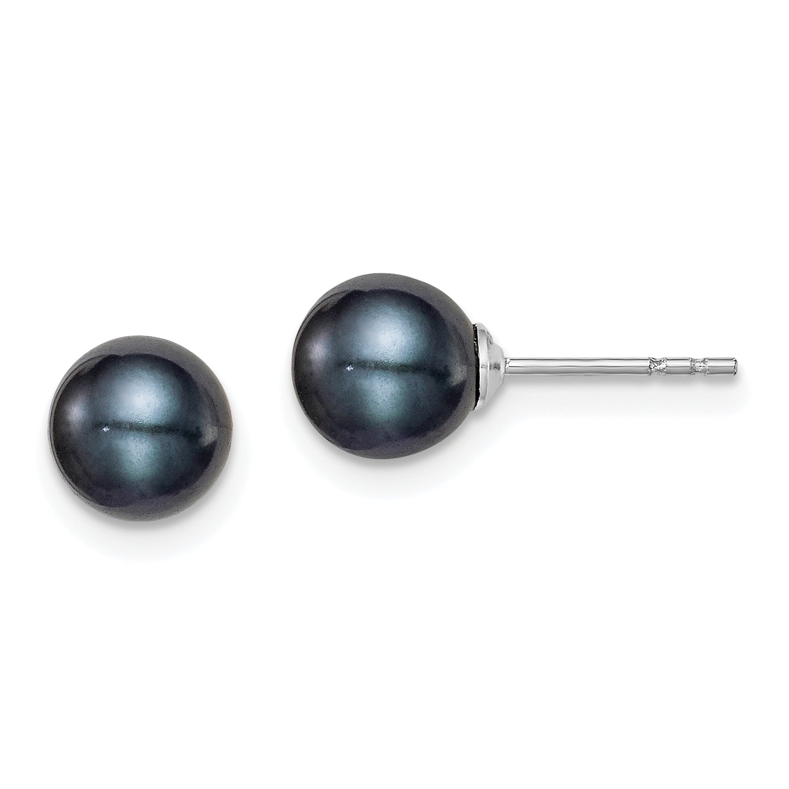 Sterling Silver Rh-plated 6-7mm Black FW Cultured Round Pearl Stud Earrings