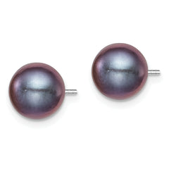 Sterling Silver Rh-plated 8-9mm Black FW Cultured Round Pearl Stud Earrings