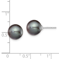 Sterling Silver Rh-plated 9-10mm Black FW Cultured Round Pearl Stud Earring