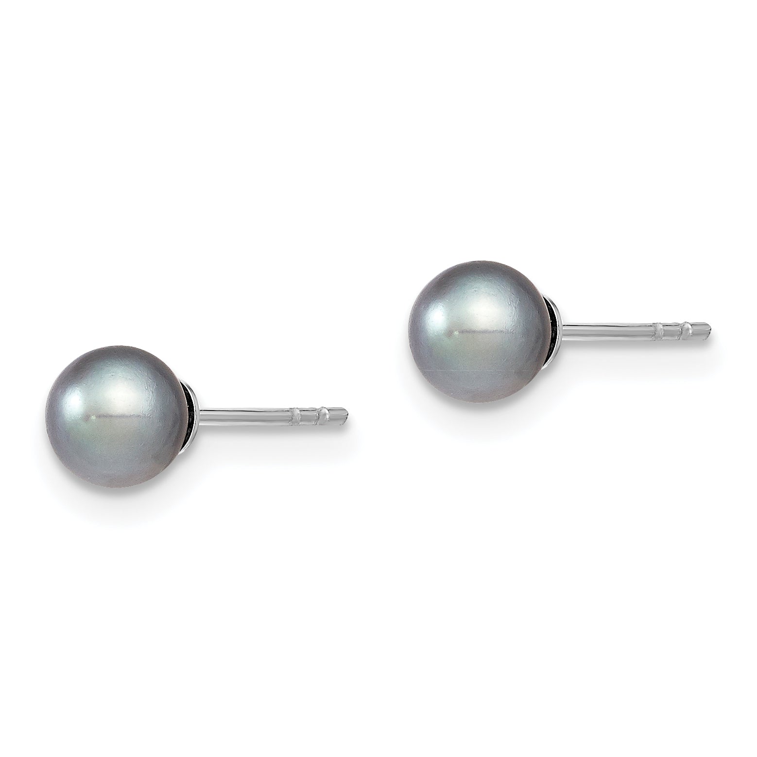 Sterling Silver Rhodium Plated 5-6mm Grey Round Freshwater Cultured Pearl Post Stud Earrings