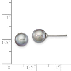 Sterling Silver Rhodium Plated 7-8mm Grey Round Freshwater Cultured Pearl Post Stud Earrings