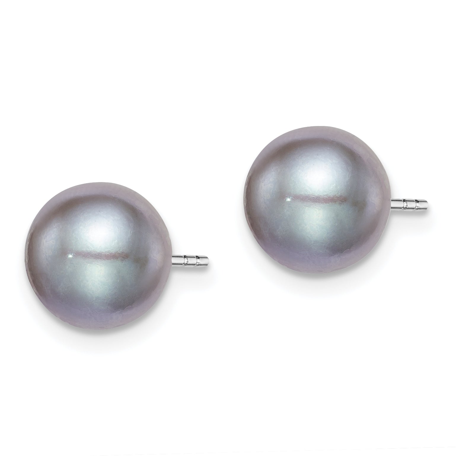 Sterling Silver Rhodium Plated 8-9mm Grey Round Freshwater Cultured Pearl Post Stud Earrings