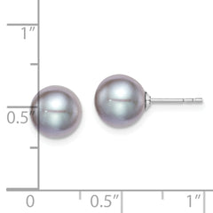 Sterling Silver Rhodium Plated 8-9mm Grey Round Freshwater Cultured Pearl Post Stud Earrings