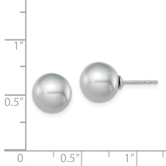 Sterling Silver Rhodium Plated 9-10mm Grey Round Freshwater Cultured Pearl Post Stud Earrings