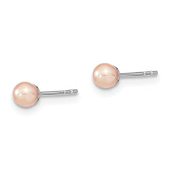 Sterling Silver Rhodium Plated 3-4mm Pink Round Freshwater Cultured Pearl Post Stud Earrings