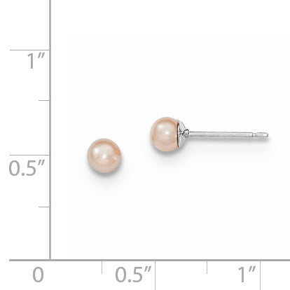 Sterling Silver Rhodium Plated 3-4mm Pink Round Freshwater Cultured Pearl Post Stud Earrings