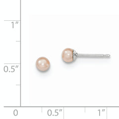 Sterling Silver Rhodium Plated 3-4mm Pink Round Freshwater Cultured Pearl Post Stud Earrings