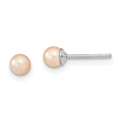 Sterling Silver Rhodium Plated 3-4mm Pink Round Freshwater Cultured Pearl Post Stud Earrings