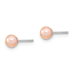 Sterling Silver Rhodium Plated 4-5mm Pink Round Freshwater Cultured Pearl Post Stud Earrings