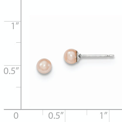 Sterling Silver Rhodium Plated 4-5mm Pink Round Freshwater Cultured Pearl Post Stud Earrings