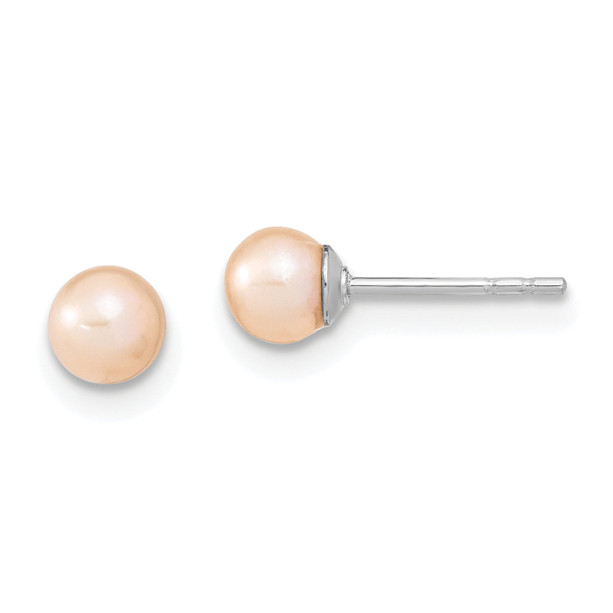 Sterling Silver Rhodium Plated 4-5mm Pink Round Freshwater Cultured Pearl Post Stud Earrings