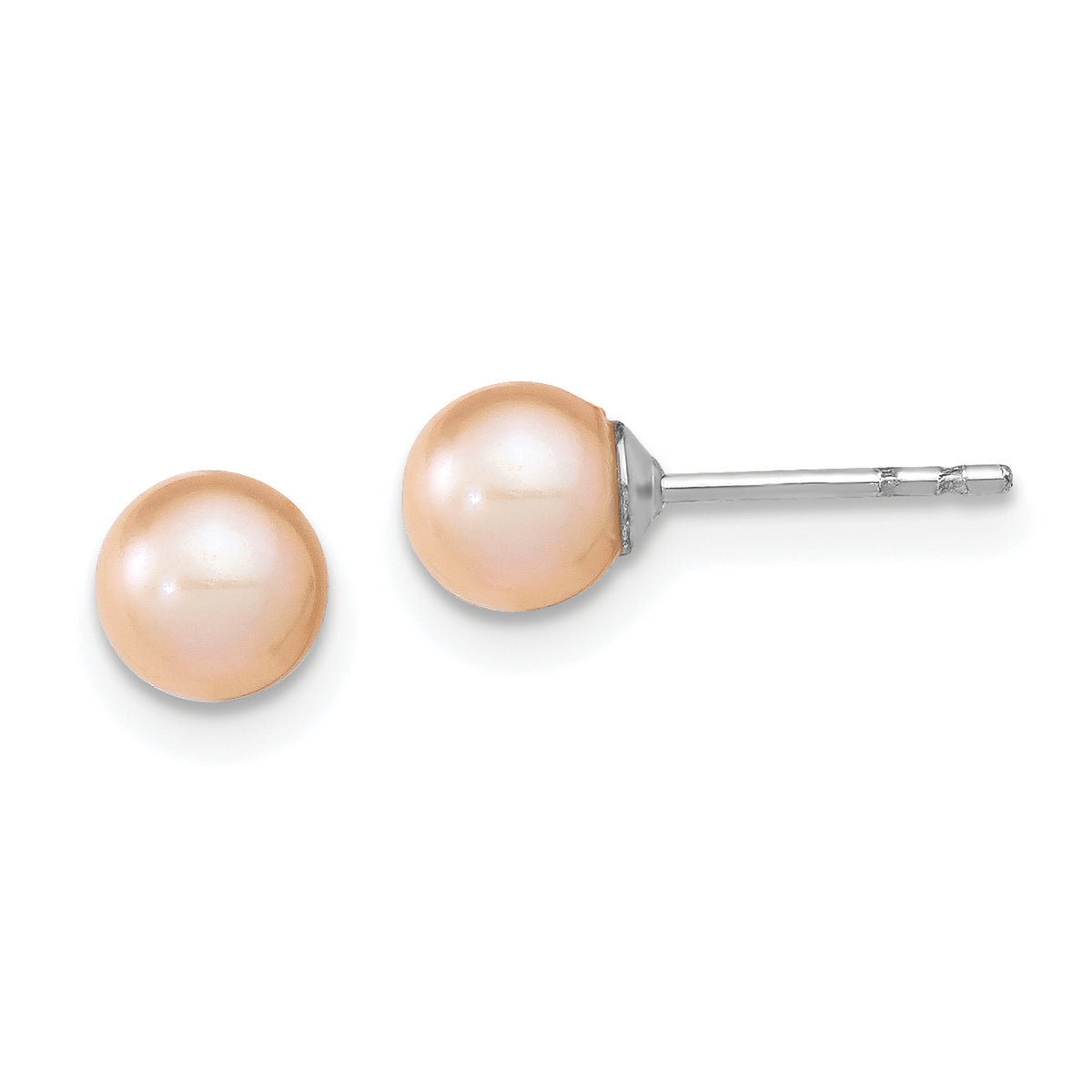 Sterling Silver Rhodium Plated 5-6mm Pink Round Freshwater Cultured Pearl Post Stud Earrings