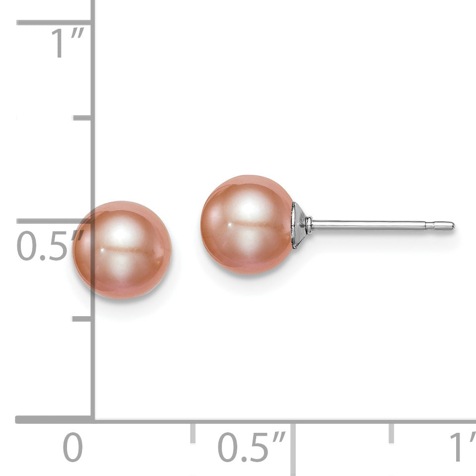 Sterling Silver Rhodium Plated 6-7mm Pink Ropund Freshwater Cultured Pearl Post Stud Earrings