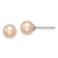 Sterling Silver Rhodium Plated 6-7mm Pink Ropund Freshwater Cultured Pearl Post Stud Earrings