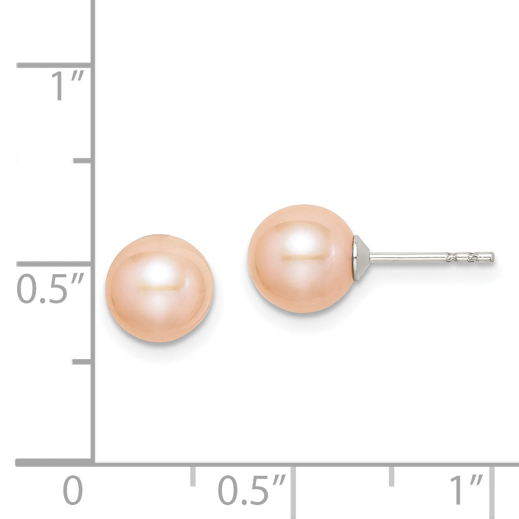 Sterling Silver Rhodium Plated 7-8mm Pink Round Freshwater Cultured Pearl Post Stud Earrings