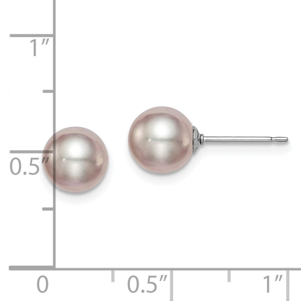 Sterling Silver Rhodium Plated 7-8mm Purple Round Freshwater Cultured Pearl Post Stud Earrings