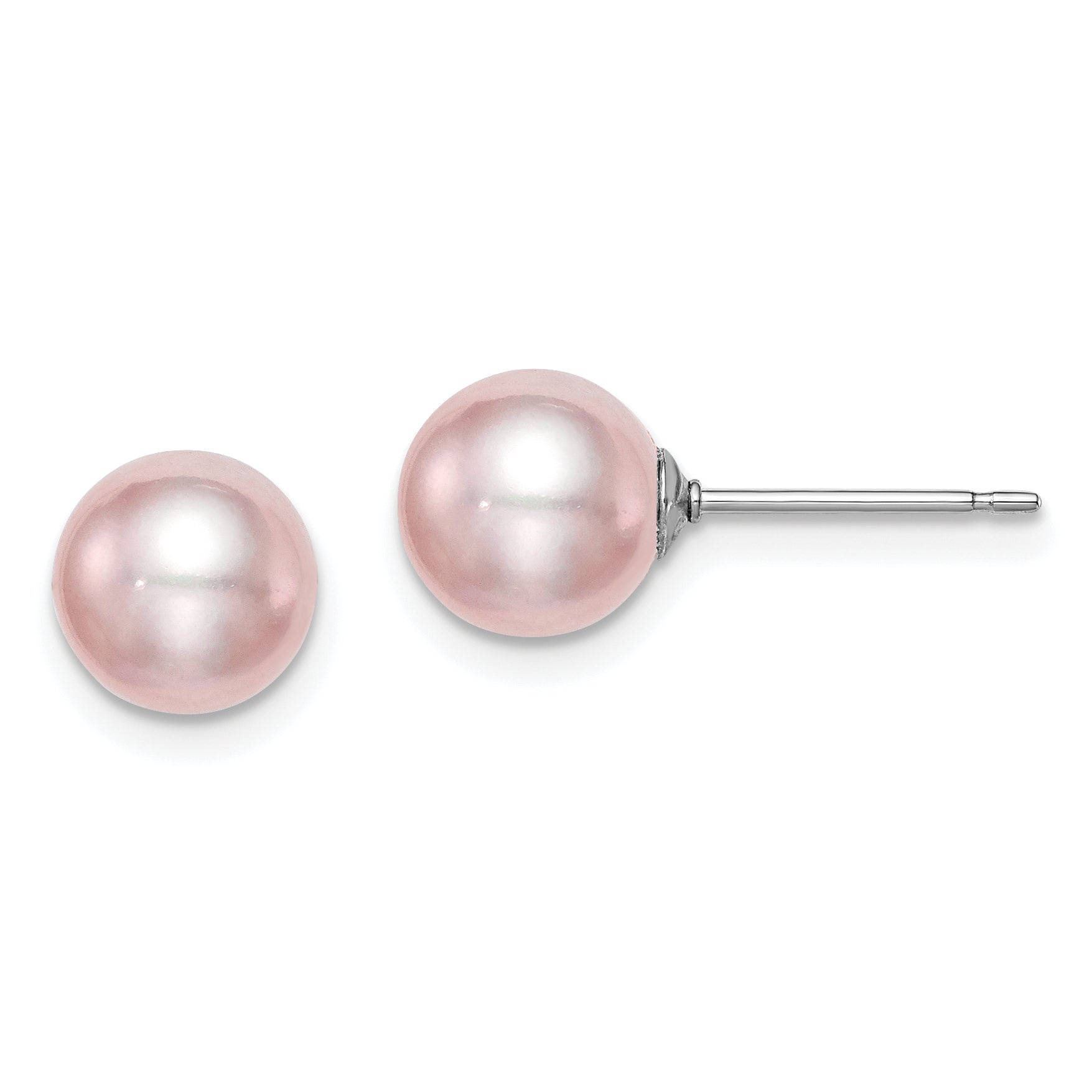 Sterling Silver Rhodium Plated 7-8mm Purple Round Freshwater Cultured Pearl Post Stud Earrings