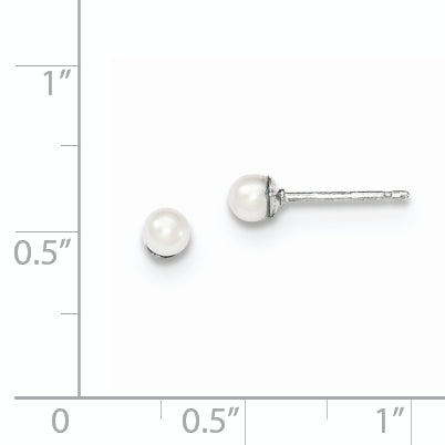 Sterling Silver Rhodium Plated 3-4mm White Round Freshwater Cultured Pearl Post Stud Earrings