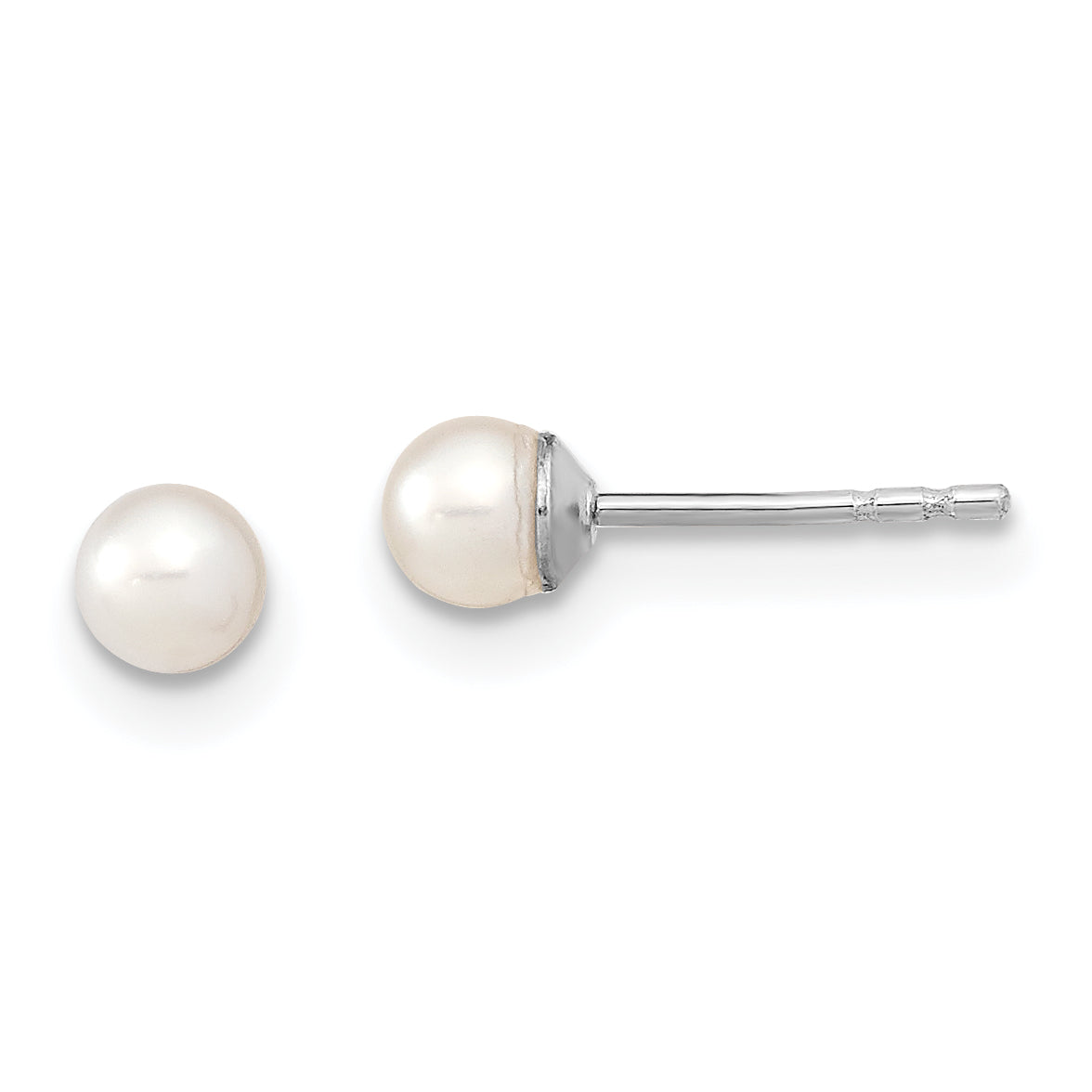 Sterling Silver Rhodium Plated 3-4mm White Round Freshwater Cultured Pearl Post Stud Earrings