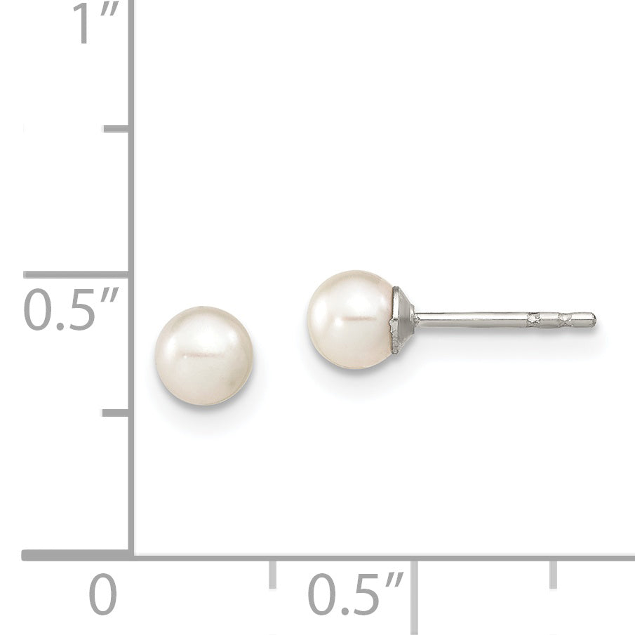 Sterling Silver Rhodium Plated 4-5mm White Round Freshwater Cultured Pearl Post Stud Earrings