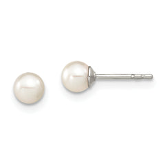 Sterling Silver Rhodium Plated 4-5mm White Round Freshwater Cultured Pearl Post Stud Earrings