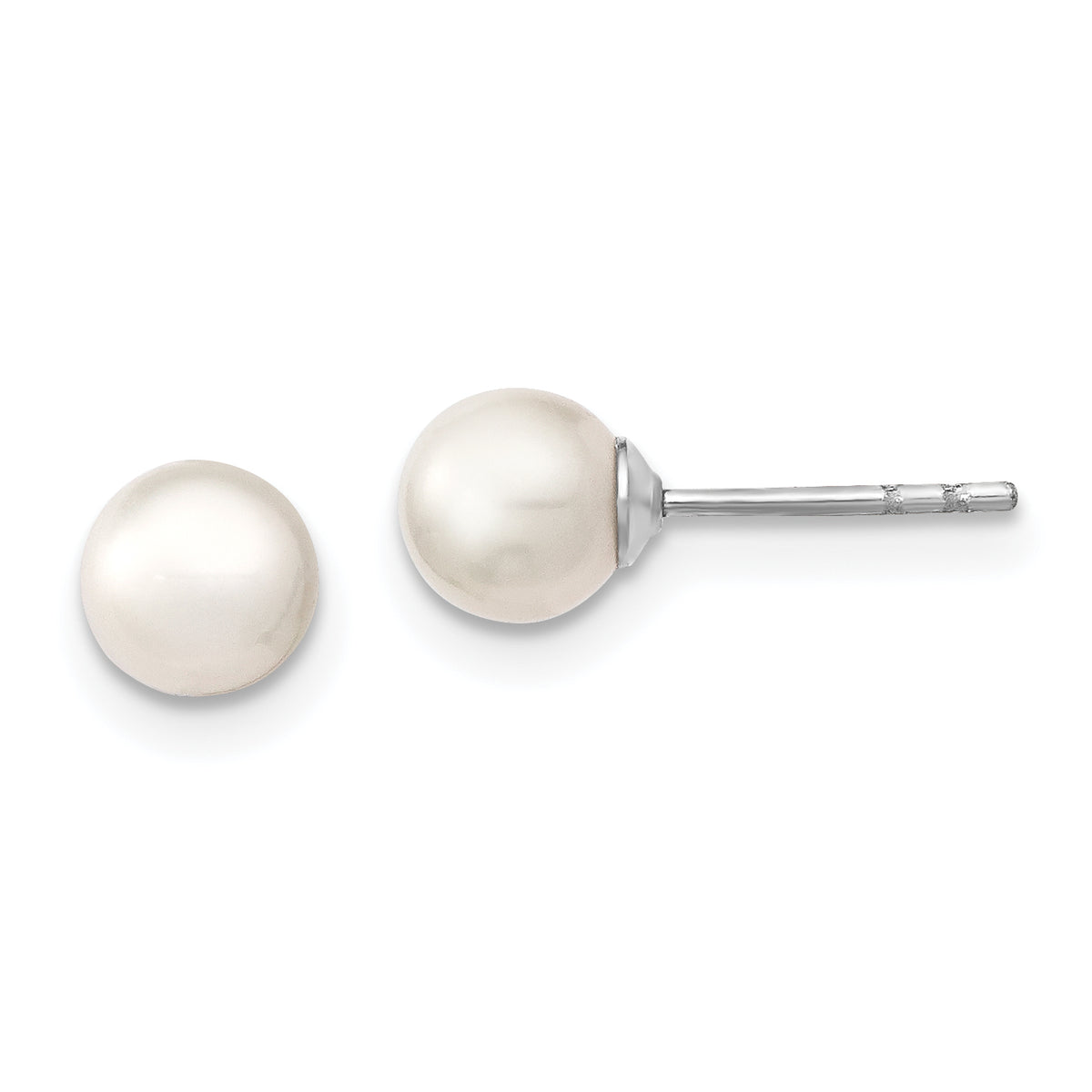 Sterling Silver Rhodium Plated 5-6mm White Round Freshwater Cultured Pearl Post Stud Earrings