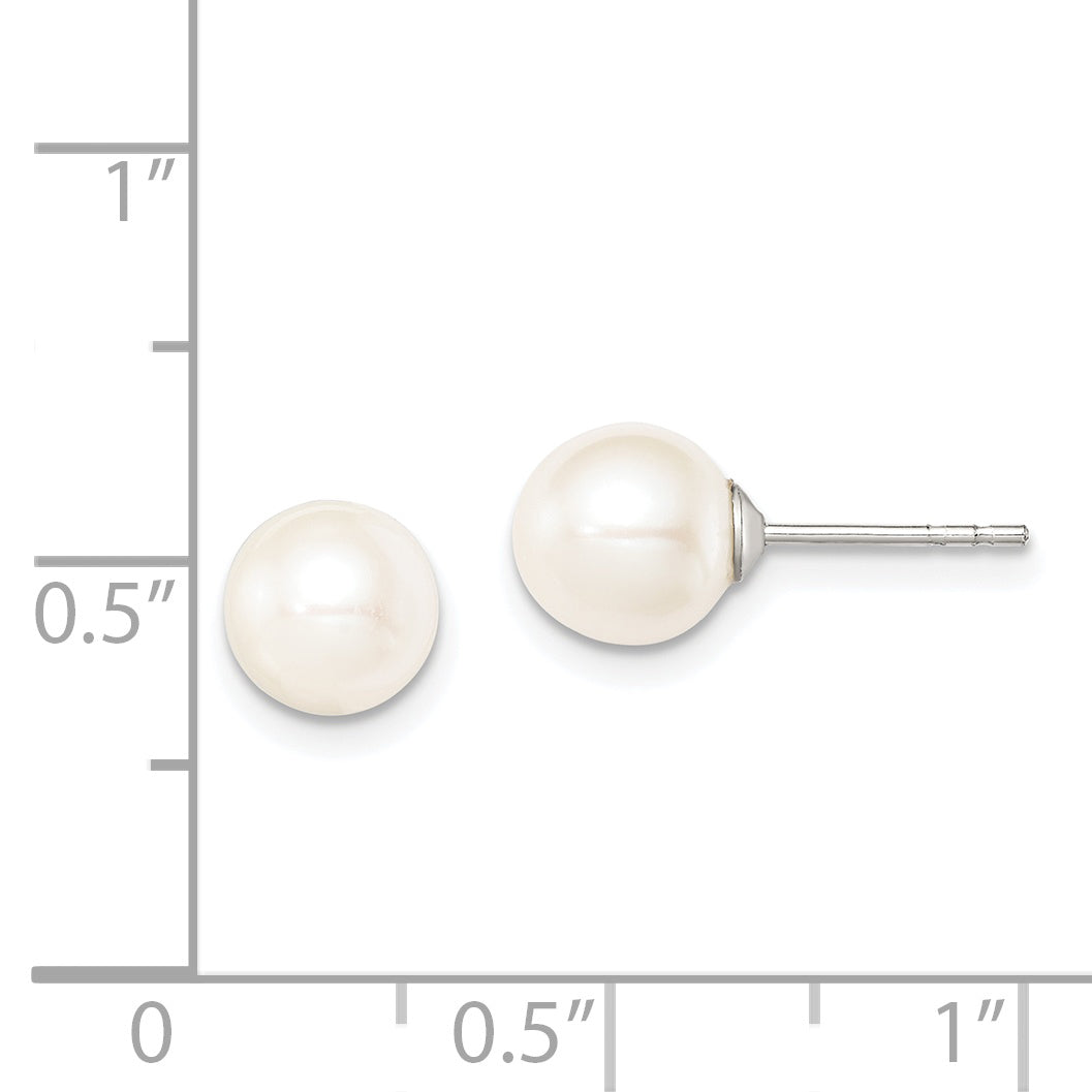 Sterling Silver Rhodium Plated 7-8mm White Round Freshwater Cultured Pearl Post Stud Earrings