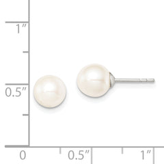 Sterling Silver Rhodium Plated 7-8mm White Round Freshwater Cultured Pearl Post Stud Earrings