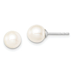 Sterling Silver Rhodium Plated 7-8mm White Round Freshwater Cultured Pearl Post Stud Earrings