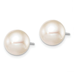 Sterling Silver Rhodium Plated 9-10mm White Round Freshwater Cultured Pearl Post Stud Earrings