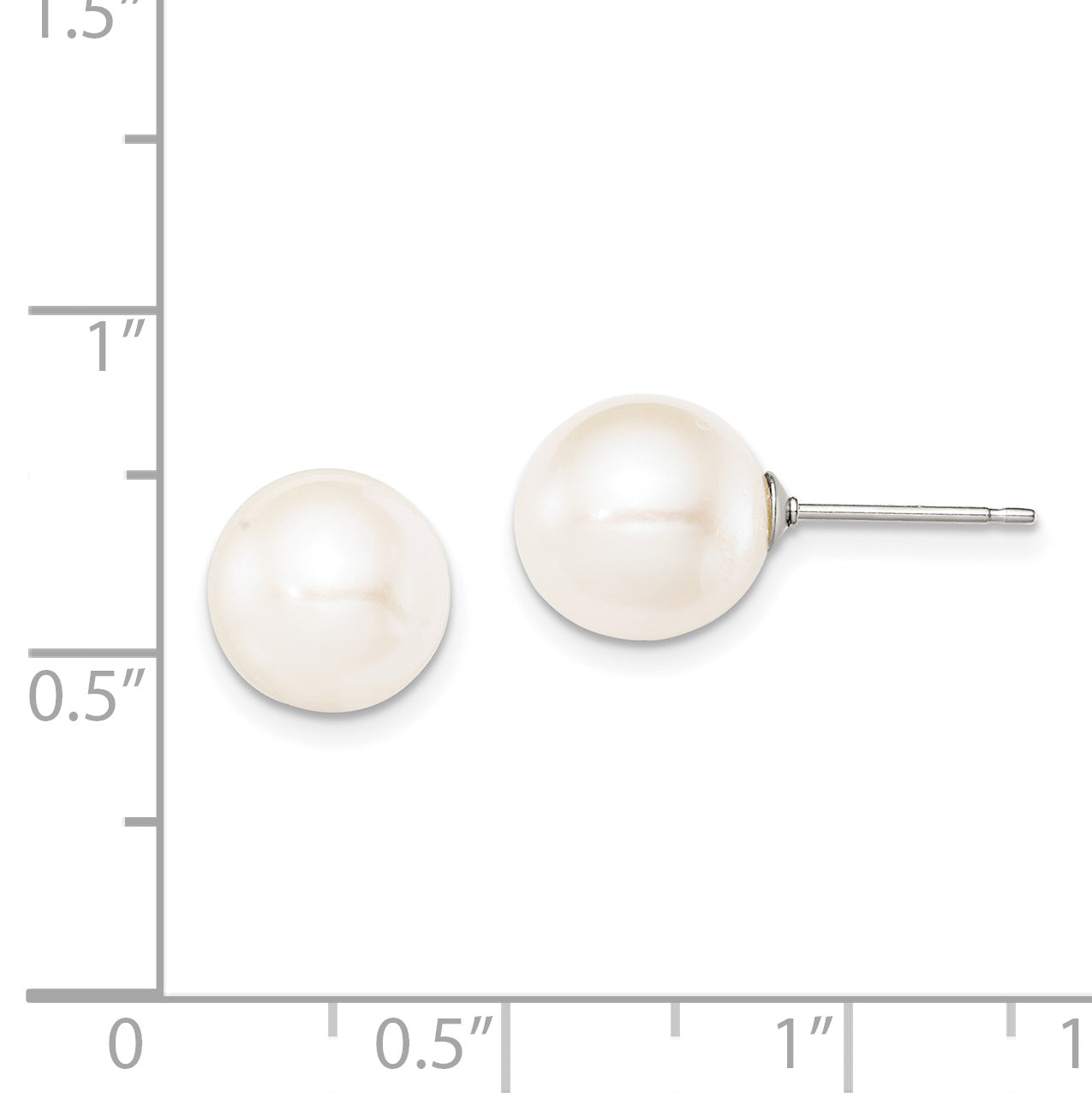 Sterling Silver Rhodium Plated 9-10mm White Round Freshwater Cultured Pearl Post Stud Earrings