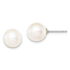 Sterling Silver Rhodium Plated 9-10mm White Round Freshwater Cultured Pearl Post Stud Earrings