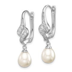 Sterling Silver Rhodium Plated Clear CZ and 7-8mm White Freshwater Cultured Pearl Dangle Leverback Earrings