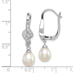 Sterling Silver Rhodium Plated Clear CZ and 7-8mm White Freshwater Cultured Pearl Dangle Leverback Earrings